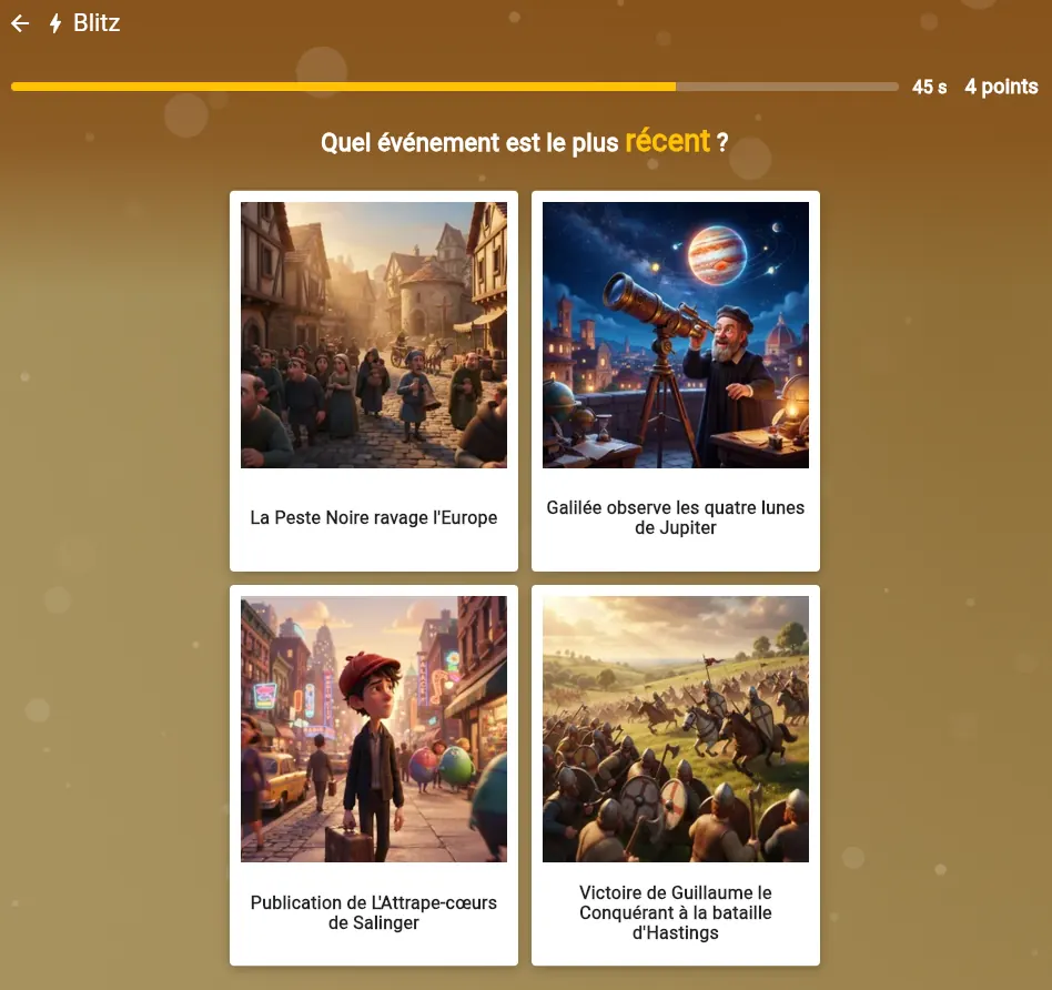 Une question du Blitz : « Quel événement est le plus récent ? », quatre cartes illustrées, le chrono et le score en haut de l'écran.